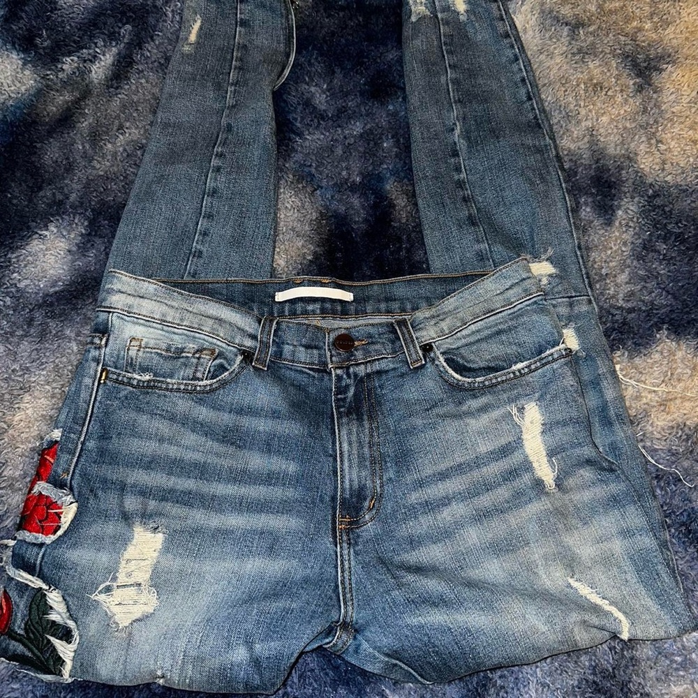 Golden Denim Floral embroidery distressed washed denim with zippers on ankles